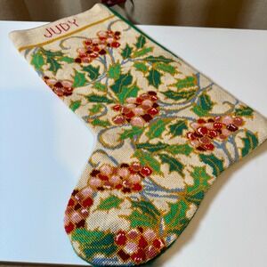 Personalized Judy Needlepoint Christmas Stocking Holly Berry Floral Vintage